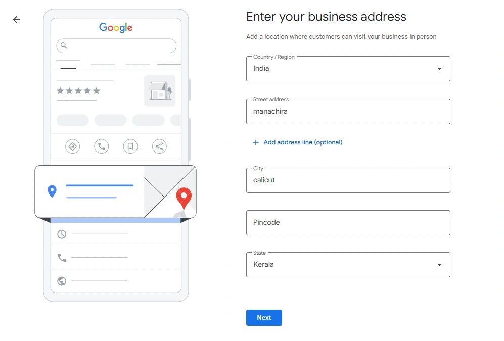 Google Business Profile Enter your business address location